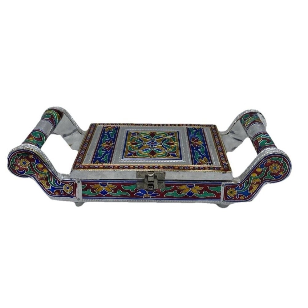 Vintage Meenakari Indian Silver Foil Snack Tray 12.5x4.5 Decorative Traditional